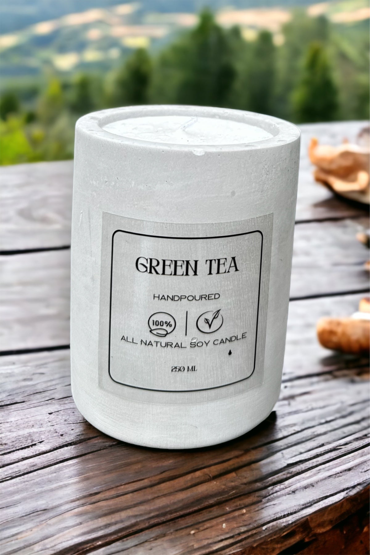 Silindir Beton Saksıda %100 Doğal Yeşil Çay Kokulu Soya Mumu